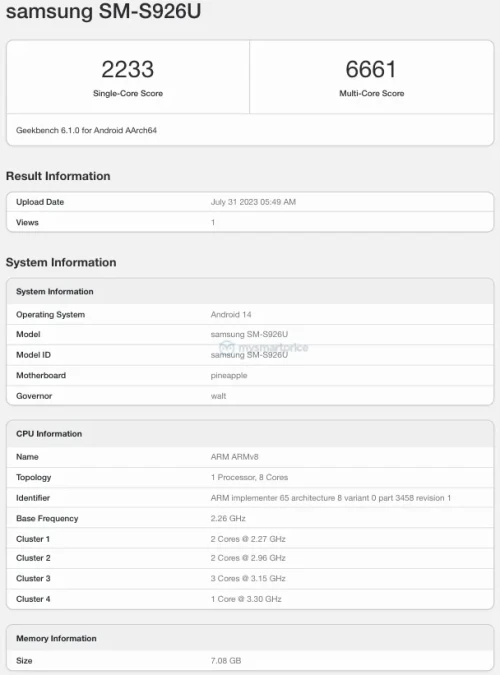 Samsung Galaxy S24 Plus US Version SM S926U Geekbench